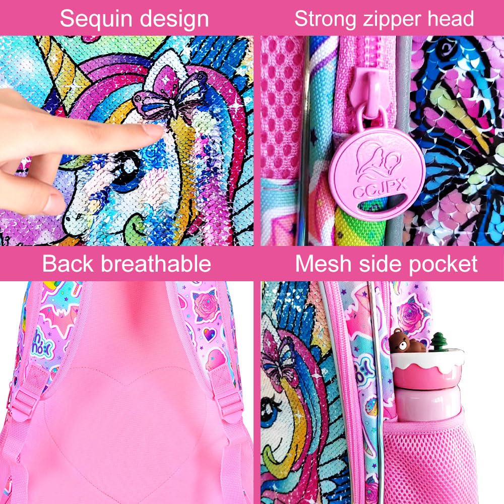 ZLYERT 3Pcs Unicorn Backpack for Girls, Sequin Bookbag for Elementary Preschool Students, 16" Kids Backpacks with Lunch Box(Pink)