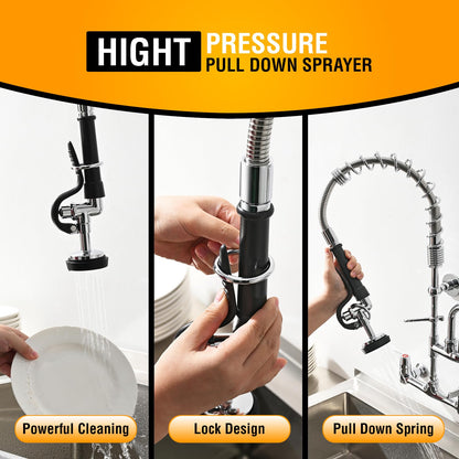 GIMILI Commercial Sink Faucet with Sprayer, 25" Height 8 Inch Center Pull Down Wall Mount Faucet for Restaurant, Kitchen, Industrial, Farmhouses Sink