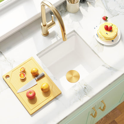 MILOSEN White Undermount Bar Sink, 16×16 Inch Small White Granite Composite Wet Bar or Prep Sinks with Cutting Board, 9 Inch Deep Outdoor Single Bowl Small Workstation Sink with Gold Accessories