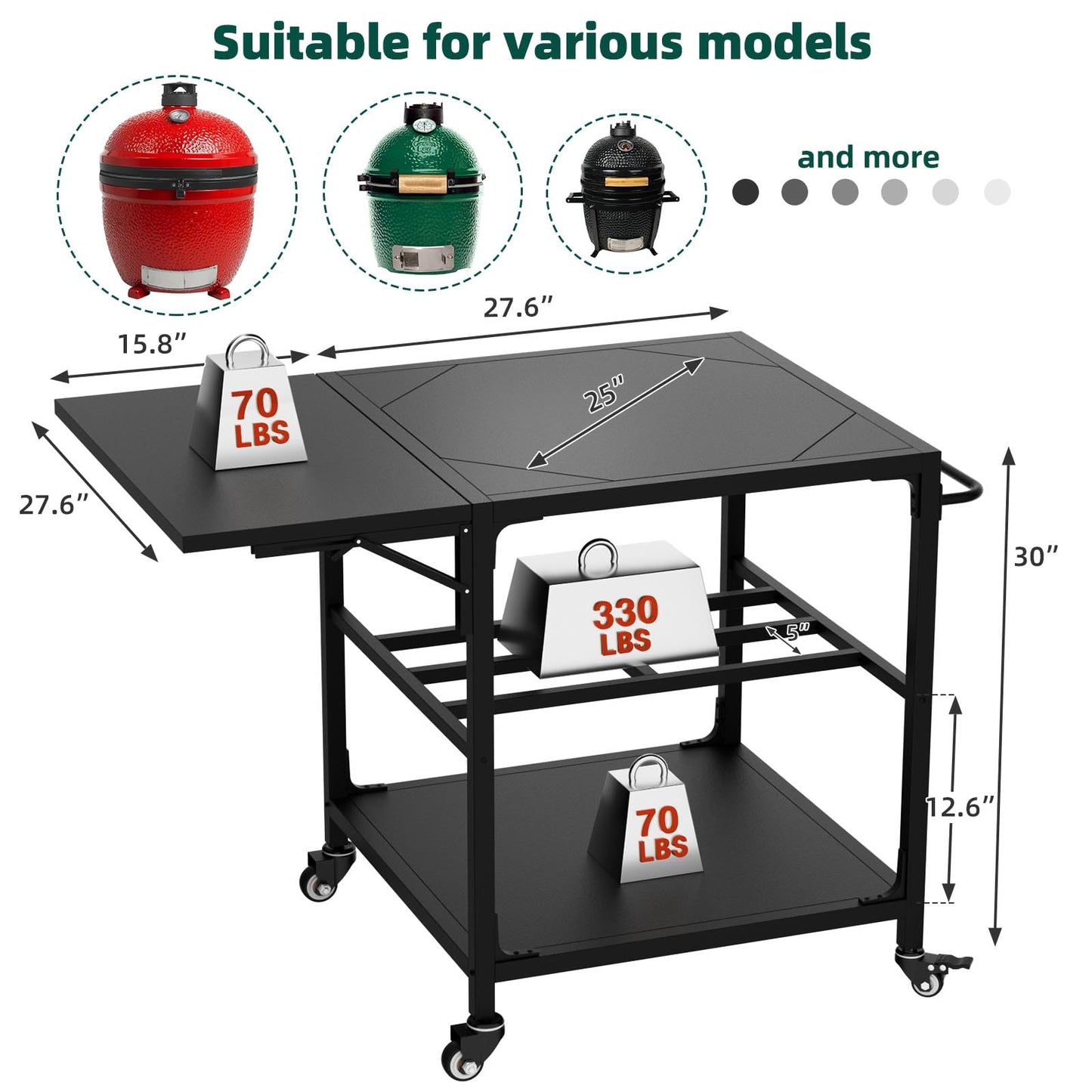 Outdoor Grill Table for Big Green Egg, Heavy Duty Metal Cart Prep Table with Wheels, Folding Panels, Storage Shelf, Hooks, Removable Central Cover, Compatible with Large Big Green Egg, Kamado Joe Jr