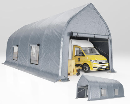 AMERLIFE 12 x 30 FT Walnut-Shaped Outdoor Carport, Heavy Duty Enclosed Portable Garage Shelter with Roll-Up Doors, Weather Resistant Car Shelter for Trucks, Boats, Farm Equipment, Silver Gray