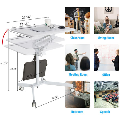 Lipo Mobile Sit Stand Desk - Height Adjustable Standing Laptop Desk Cart Rolling Couch Table on Wheels White Workstation with Gas Spring Riser for Home Office Classroom