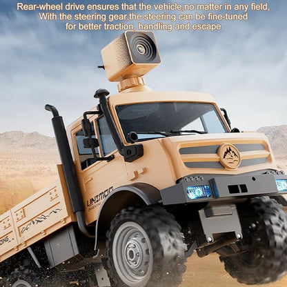 RC Military Truck 1:16 Scale Remote Control Car with Camera All Terrain RC Rock Crawler Off-Road RC Truck 2.4GHz Army Transport Vehicle with 2 Rechargeable Batteries for Adults Beige