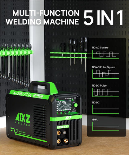 AIXZGLOBAL AIT200P AC/DC TIG Welder, 200A 110V/220V Aluminum Welding Machine with AC/DC TIG, Pulse TIG, Spot TIG, HF Start & Stick Welding, Foot Pedal Compatible, IGBT Inverter, Large HD Display
