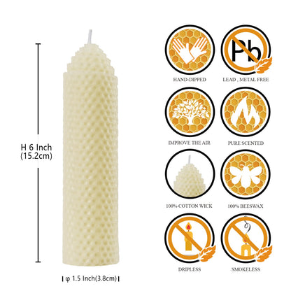 White Beeswax Pillar Candles Set of 6 - Handmade Pure Beeswax Rolled Candles for Gift & Home Decor (1.5×6 in)