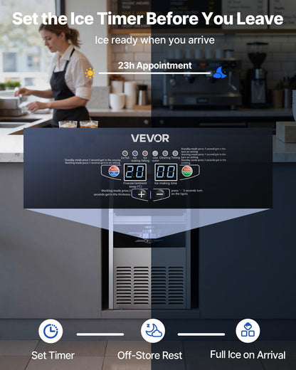 VEVOR Commercial Ice Maker Machine, 130 lbs/24h with 30 lbs Storage Capacity, Built-in/Freestanding/Under Counter, Stainless Steel Ice Maker with LED Display & Self-Cleaning, for Home Bar Restaurant