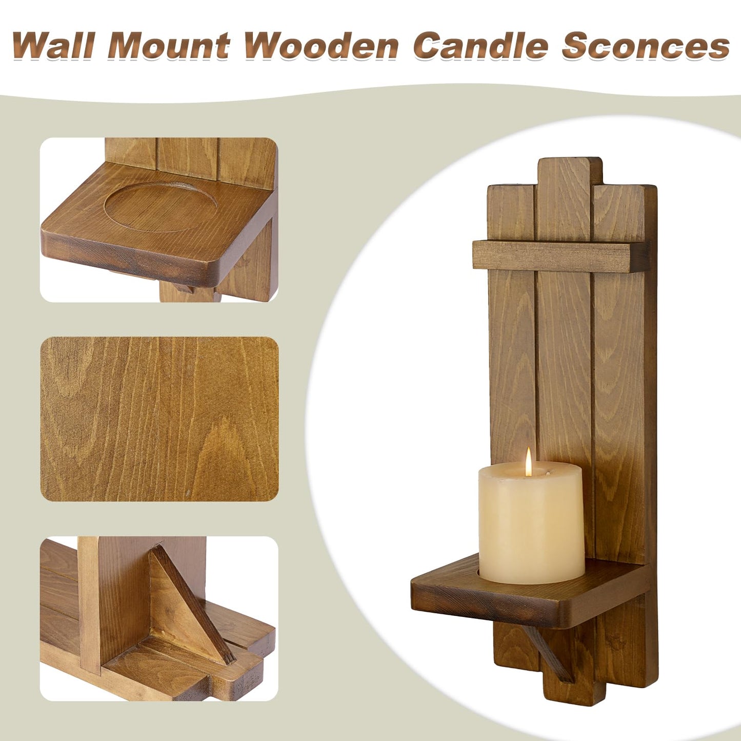 OwnMy Wood Wall Candle Sconces Set of 2, Brown Hanging Pillar Candle Holders Farmhouse Wall Decors, Rustic Candle Sconces Hanging Candlestick Holder for Living Room Fireplace Dining Room Bedroom