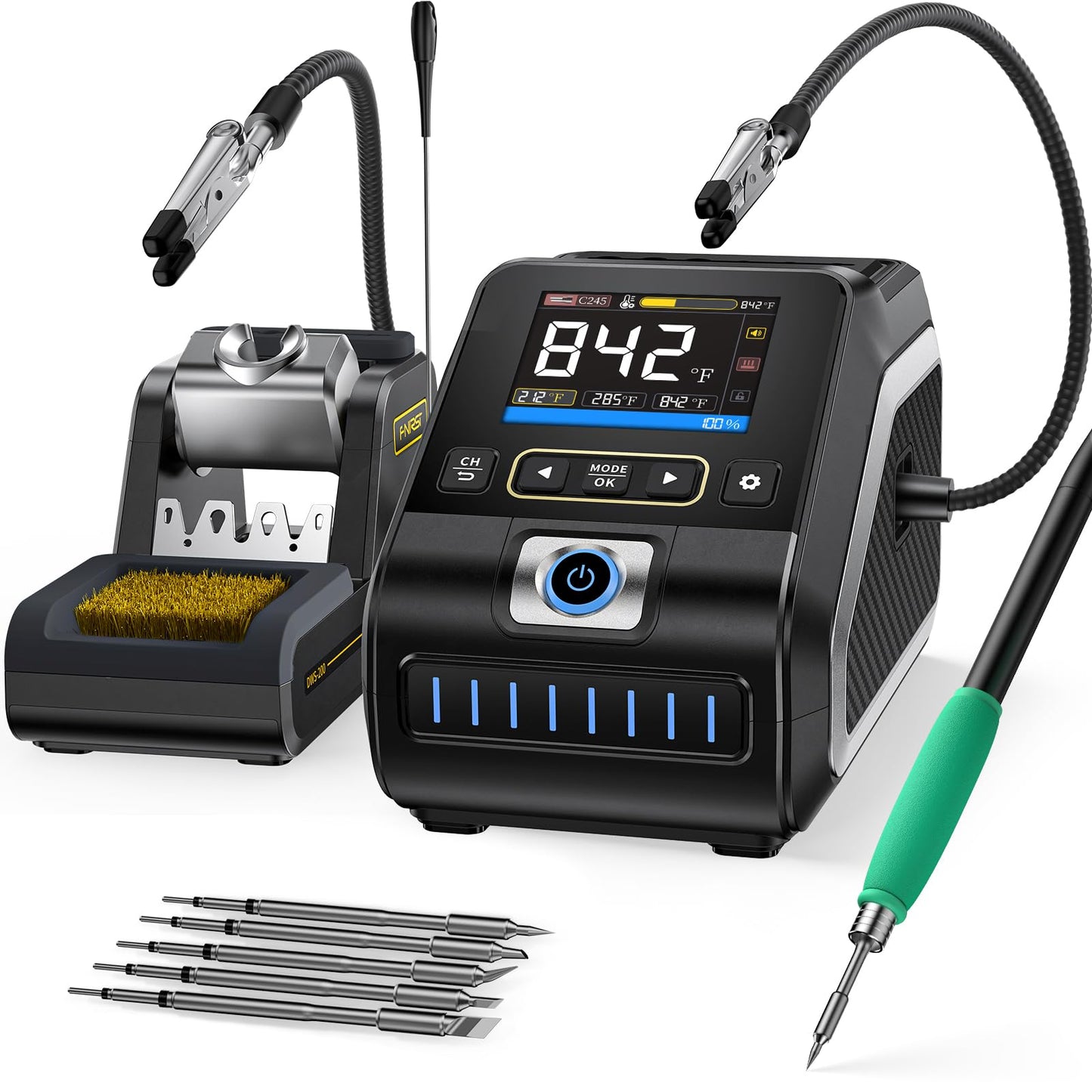 FNIRSI DWS-200 200W 245 Precision Digital Soldering Station Kit with 6 F245 Soldering Iron Tips and 2 Helping Hands, Temp Value & Curve Mode, 3 Temperature Storage, Full-Color Display