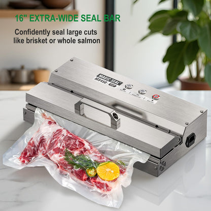 MAGIC SEAL 16'' Commercial Vacuum Sealer - All 304 Stainless Steel Constructed Automatic Vacuum Packaging Machine for Food Storage, 95kPa 400W, Easy-lock Handle, 450 Continuous Seals -MS450