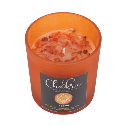 Sacral Chakra Candle: Orange Fragranced with Carnelian Crystal Chips, Reusable Glass Holder, Metallic Lid - 25-Hour Burn Time, Paraffin Wax - Spiritual Purpose, Seven Chakras Healing