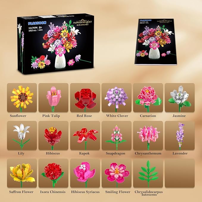 Flower Bouquet Building Set Valentines Day Botanical Collection Building Block Toy 1464 PCS 18 Flowers Rose Sunflower Home Plant Decor Birthday Gifts for Adults Women Boys Girls 8-12+