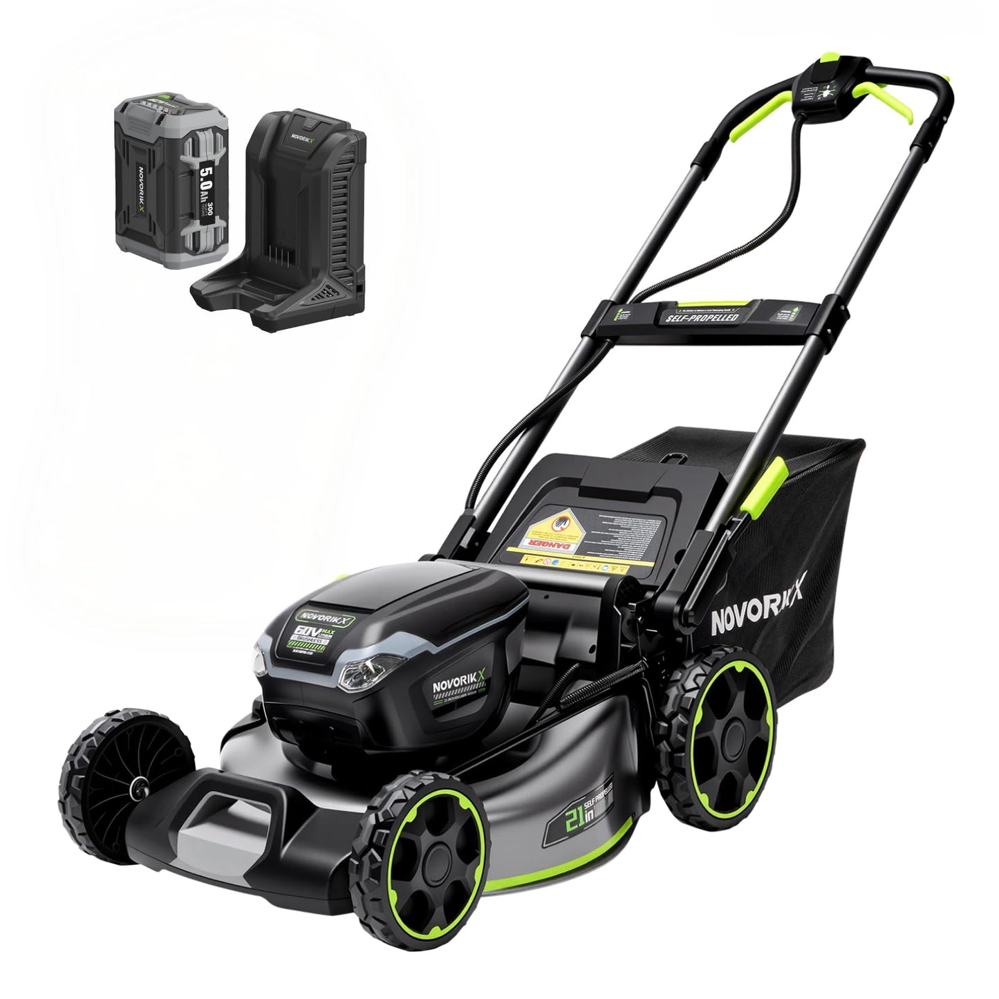 NovorikX 60V 5Ah Self-Propelled Electric Cordless Lawn Mower with 5.0Ah Battery 21-Inch, Brushless Mower for Large Yards, LED Headlight, Rapid Charger 3-in-1 Versatility Obsidian Series