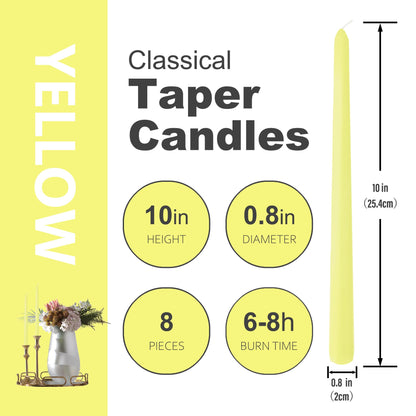 8 Pack 10 Inch Yellow Taper Candles for Dinner Home Decor Wedding Shower