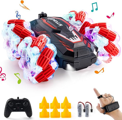 RC Stunt Car Double-Sided 360° Flips 4WD 2.4 GHz Gesture Sensing RC Cars with Cool Lights and Music for Boys Aged 6-12 Great Birthday Presents Toy Cars (Red)