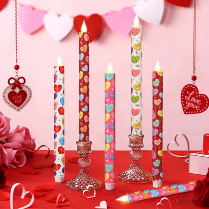 LCZLUMIPRO Valentine Taper Candles, 6 Pcs 10.6 Inch Flameless LED Candlesticks with Remote & Timer, Battery Operated Conversation Heart Decor for Valentine‘s Day Dinner Anniversary Wedding Table Decor