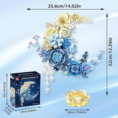 Moon Flower Building Set for Adults - 934 Pcs Light Up Botanical Kit with Lisianthus &amp Roses Artificial Flower Decoration for Home Bedroom Office Shelf Unique Gifts for Flower Lover