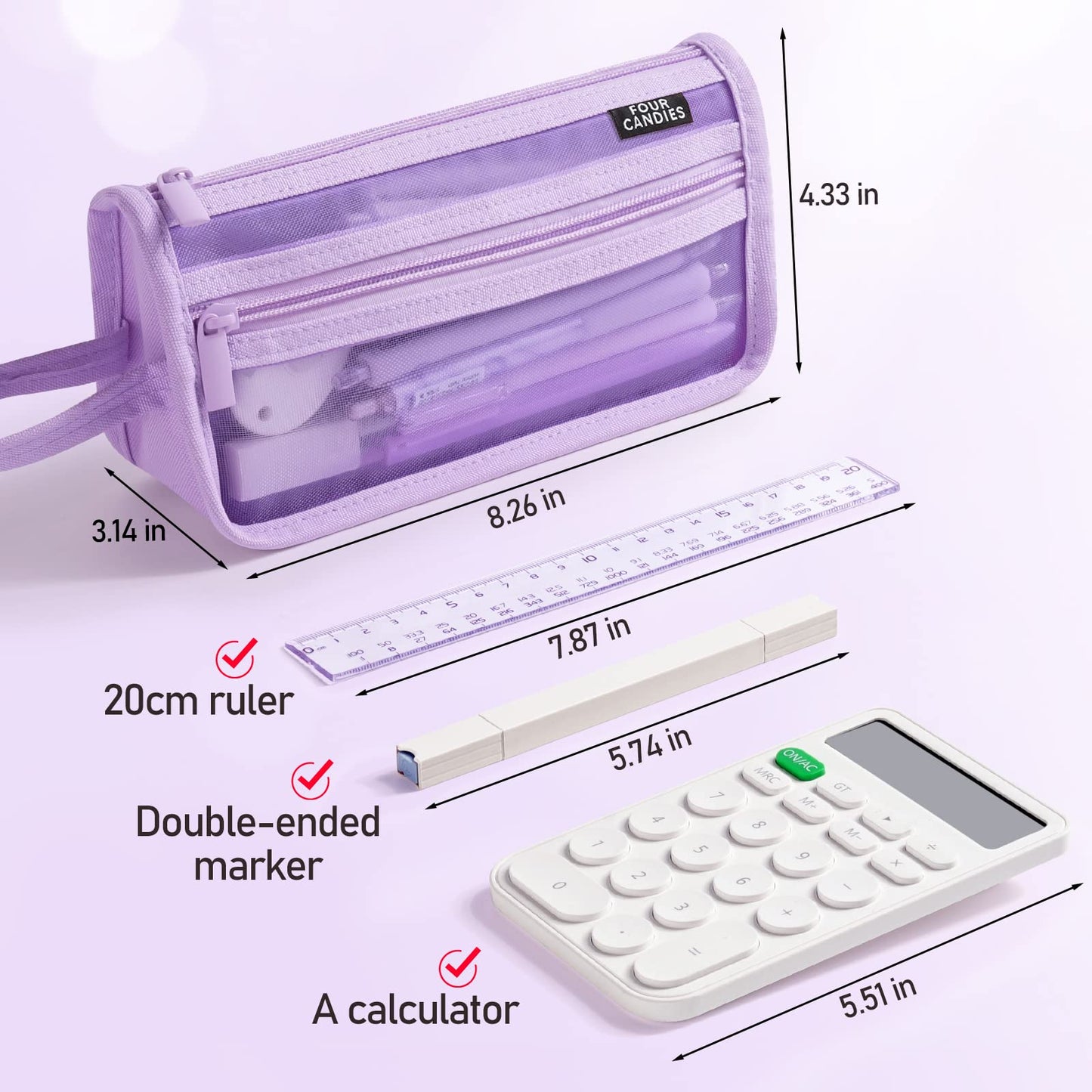 Four Candies Grid Mesh Pencil Case with Handle and Zipper, Clear Double-layer Pencil Pouch Marker Pouch, Travel Makeup Bag, Cute Transparent Stationary Organizer Pen Bag for Adult Office College