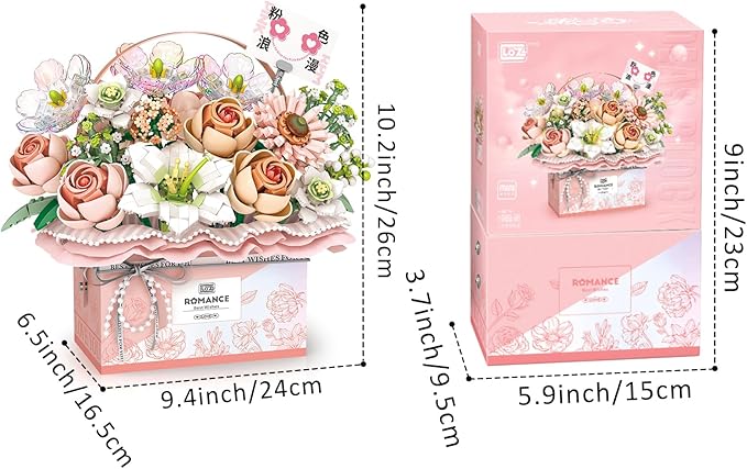 Flower Bouquet Building Blocks Model SetSimulation Artificial Rose Handheld Gift BoxBonsai Plant Building Bricks ToysHome Decor (Fantasy Pink)