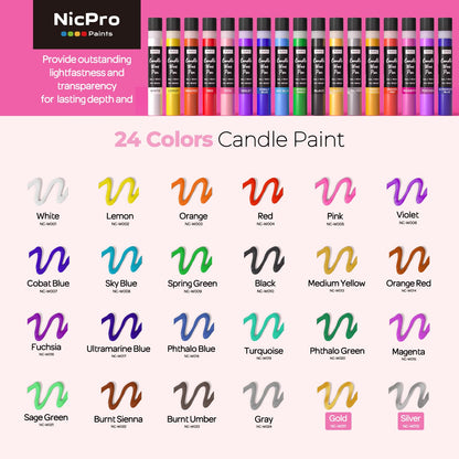 Nicpro Candle Wax Pen, 24 Colors 3D Candle Paint Include Glitter Silver Gold, Safe DIY Candle Making & Painting Kit, Dry Fast Vibrant Colors Wax Paint for Birthday Holidays Wedding Party (1 oz, 30 ml)