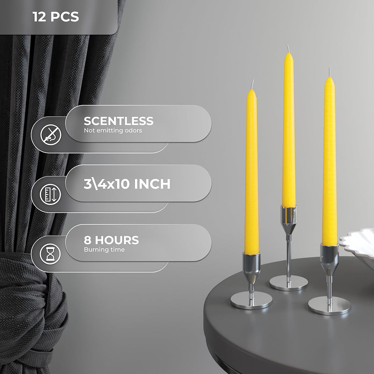 CANDWAX 10 inch Yellow Taper Candles Set of 12 - Unscented Smokeless Dripless Yellow Candles - Perfect for Home Décor, Special Occasions and Ordinary Dinners - Easter Candlesticks