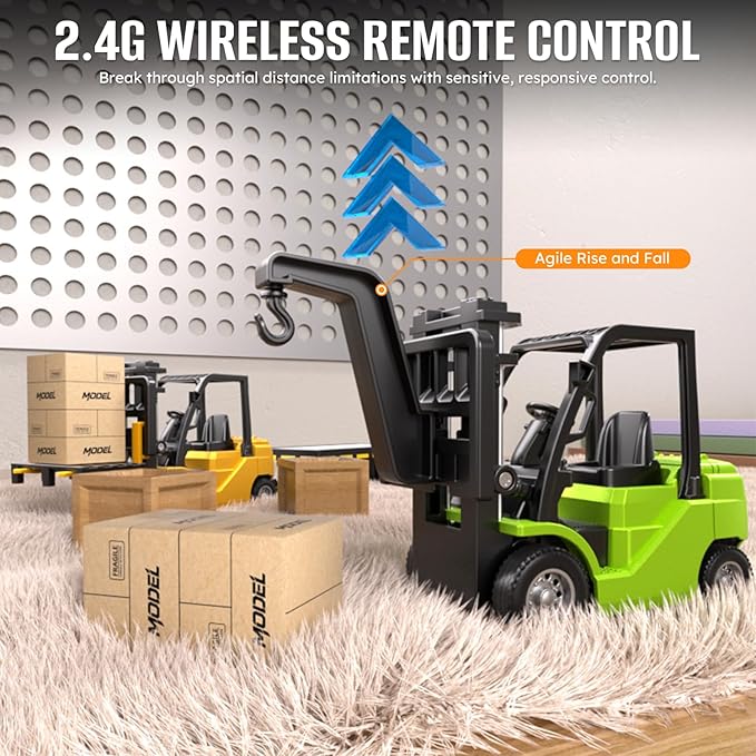 1/64 Mini RC Forklift Toy10 Channel 2 Mode Remote Control Forklift Truck with Rechargeable Battery 2 in 1 Transformable Lift Fork &amp Hook with Lights &amp Sounds Gift for Adults Kids Boys Girls