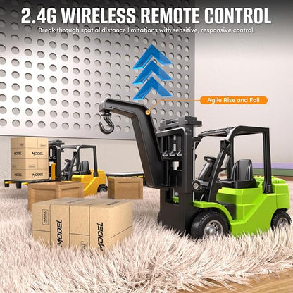 1/64 Mini RC Forklift Toy10 Channel 2 Mode Remote Control Forklift Truck with Rechargeable Battery 2 in 1 Transformable Lift Fork &amp Hook with Lights &amp Sounds Gift for Adults Kids Boys Girls