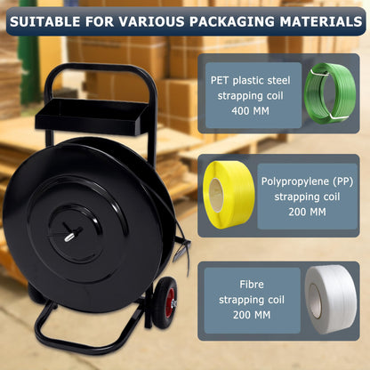 Heavy Duty Banding Strapping Cart & Dispenser - Fits 8" x 8"/16" x 16" Poly/Plastic Steel/Fibre Strapping - Built-in Tool Tray for Seals/Tensioner & Durable Frame (Black)