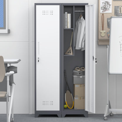 GREATMEET Slim Locking Metal Garage Storage Cabinet, 65" Lockable Utility Closet, Tall Steel Narrow Broom Closet Storage Cabinets with Door and Shelves for Laundry Room, Bathroom, White & Grey