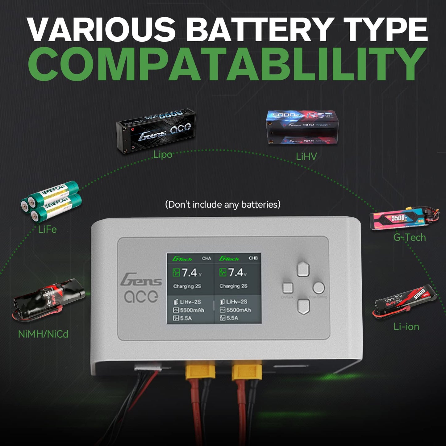 Gens Ace Lipo Battery Charger IMARS D300 G-Tech Series Smart Dual Lipo Charger 16A AC 300W DC 700W Lipo Charge（White）