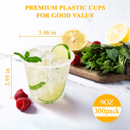 Lilymicky 300 Pack 9 oz Disposable Clear Plastic Cups, 9 Ounce Party Cups for Cocktail, Parties, Picnics, and Events