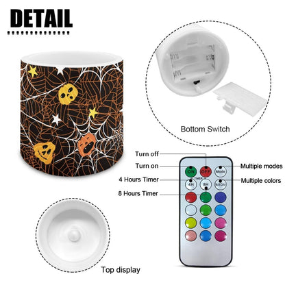 Merkmak 4 Pack Halloween Flickering Flameless Candles with Timers Battery Operated LED Candles with Remote Tea Lights for Trick or Treat Party Home Decorations, Pumpkin Spider Web