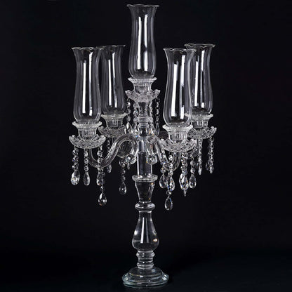 Efavormart 5 Arm Premium Crystal Glass Taper Candle Holder Candelabra with Chandelier Chains 32"