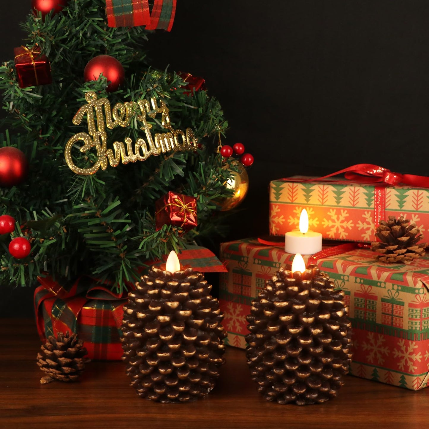 Lasumora LED Flameless Pinecone Candles with 6H Timer, Battery Operated Waxy Pillar Candles, 2 Pack Christmas Candles Flickering Acorn Decor Woodsy Home Décor Christmas Gifts(Brown, 3.5 x 4.7 Inch)