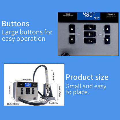 Hot Air Rework Station,1000W Digital Display Automatic Sleep Hot Air Gun Soldering Station, Adjustable Temperature Desoldering Gun BGA Rework Station