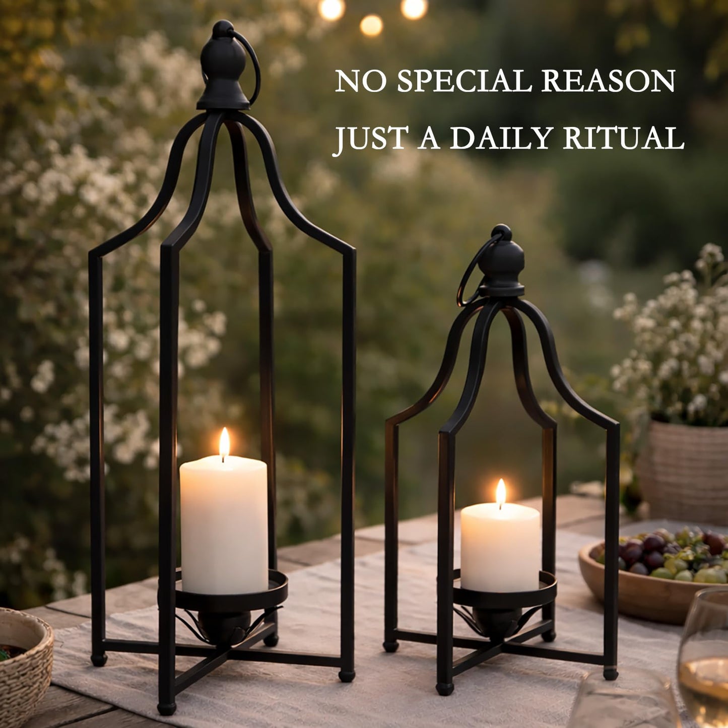 12.5" & 16.5" Timeless Cozy Decorative Lanterns Set of 2, Handcrafted Metal Iron Candle Holders, Farmhouse Elegance Fireplace Mantel Table Festive Gatherings Decor (Matte Black)