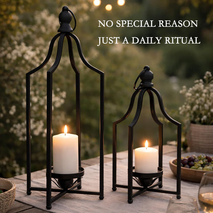 12.5" & 16.5" Timeless Cozy Decorative Lanterns Set of 2, Handcrafted Metal Iron Candle Holders, Farmhouse Elegance Fireplace Mantel Table Festive Gatherings Decor (Matte Black)