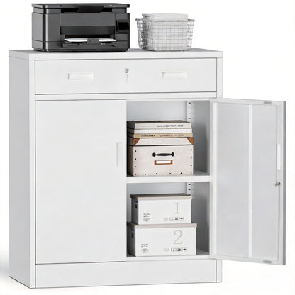 TaskStorz Metal Storage Cabinets with Drawer, 36" H Lockable Storage Cabinet with Doors and Adjustable Shelves, Small White Steel File Cabinet for Home, Office, Warehouse, School, Assembly Required