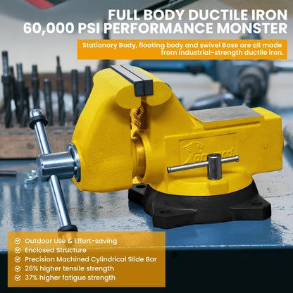 Forward 1765A Heavy Duty Bench Vise 12,000LBS Clamping Force, 6.5 Inch Ductile Iron Industrial Vice with Machined Round Guide Bar and 360° Swivel Base, 6-1/2" Jaw Width, 6-1/2" Max Jaw Opening