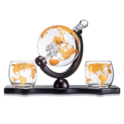 The Wine Savant Gold Etched Whiskey Decanter Set Globe with 2 Etched Globe Whisky Glasses - Perfect for a Birthday, Decanter Set for Whiskey, Scotch, Bourbon (27 Oz) (Gold)