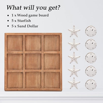 NIKKY HOME Beach Tic Tac Toe for Fun Starfish Sand Dollar Coastal House Coffee Table Decor Wood Board Travel Game 8.97 by 8.97-in Distressed White
