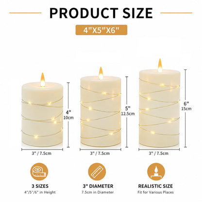 Flickering flameless candles, battery-powered, with string lights, remote control and timer functions, LED pillar candles (3-piece set) in ivory, suitable for home, party, and other decorations