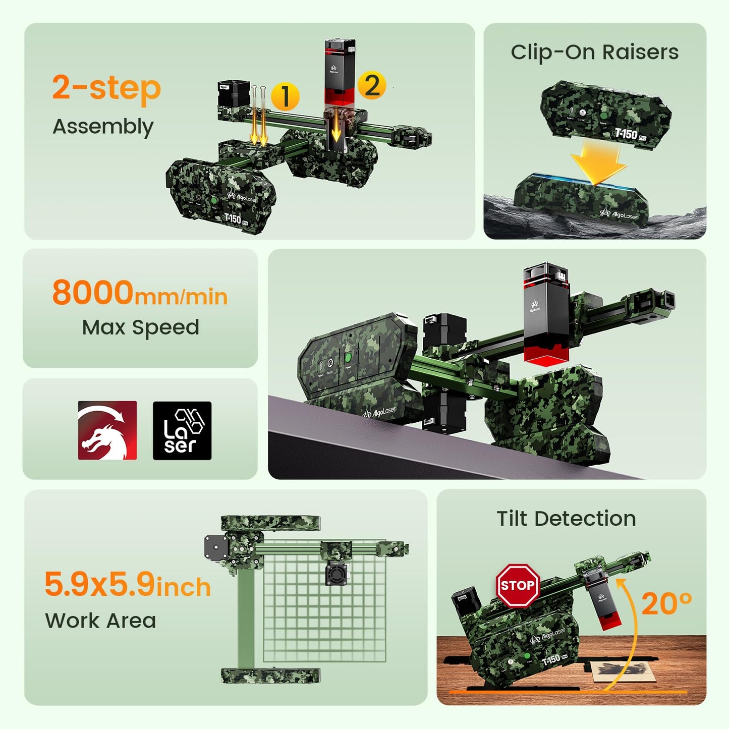 AlgoLaser 3W Mini Laser Engraver Machine - Portable Laser Engraver for Beginner & DIY, Tank-Style Design 8000mm/min High Speed & 150x150mm Engraving Area & Tilt Detection, 3000mW