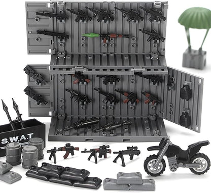SWAT Team Weapons Pack with Shipping Cargo Container Army Equipment Helmet Armor 325Pcs Various of Military Accessories Building Block Toy Compatible with Major Brands Police Soldiers Figures (Black)