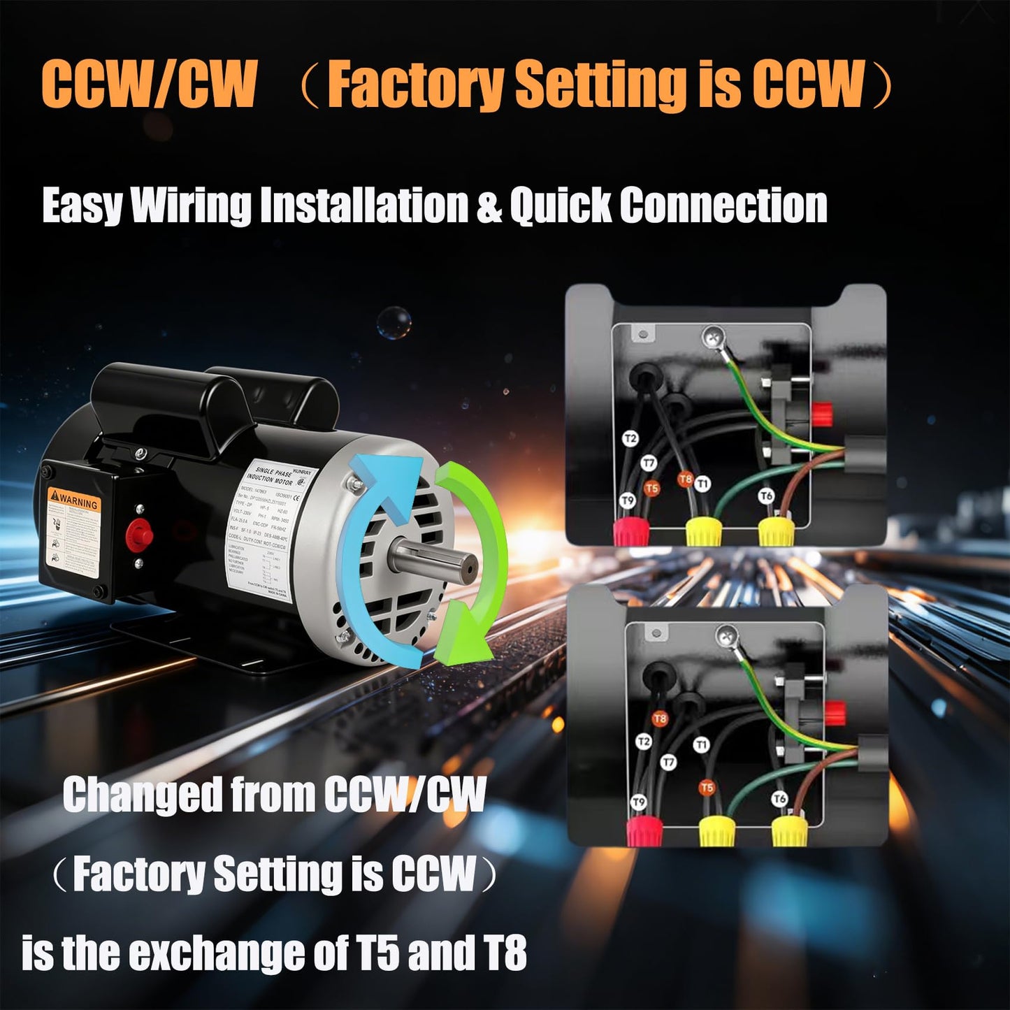 Kunray 5HP Air Compressor Electric Motor, 230V 25 Amps, 56HZ Frame 3450RPM, 7/8" Keyed Shaft, 2.25" Shaft Length, Single Phase, CCW/CW (Factory Setting is CCW)