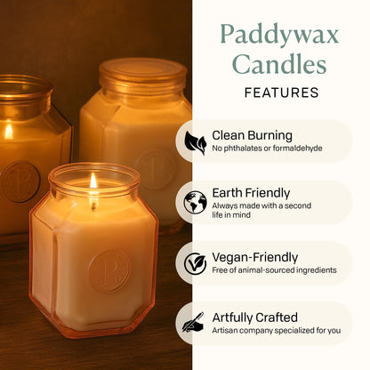 Paddywax Botanica Scented Candle with Lid in Reusable Embossed Glass Jar, Clean-Burn Soy Candle with Approx. 56 Hour Burn Time, Saffron Rose, 8 oz