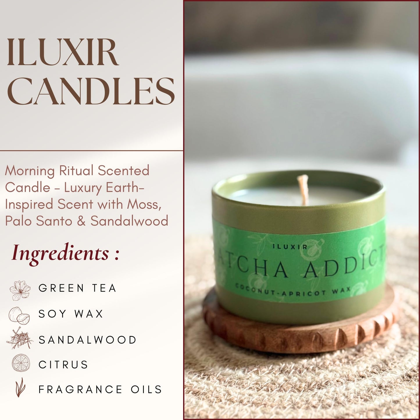 ILUXIR Matcha Scented Candle – Green Tea Citrus Sandalwood Aromatherapy Candle, Long Burning, Hand-Poured Coconut Apricot Wax, Non-Toxic, Cruelty-Free - 5 oz for Matcha Enthusiasts