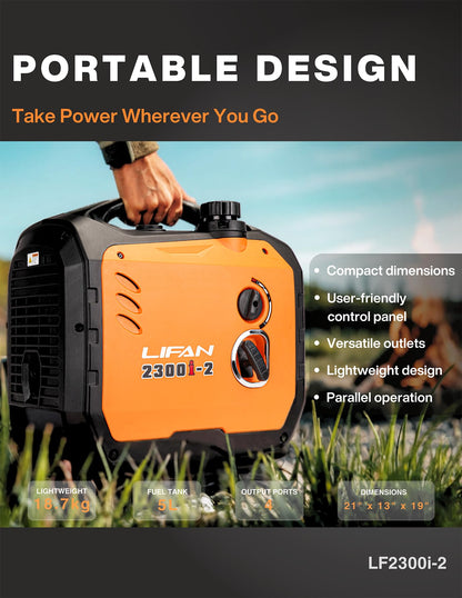 LIFAN 2300W Gasoline Inverter Generator - Portable, Quiet & Fuel-Efficient Power Solution for Home, Camping, RV & Emergency Use with Parallel Capability