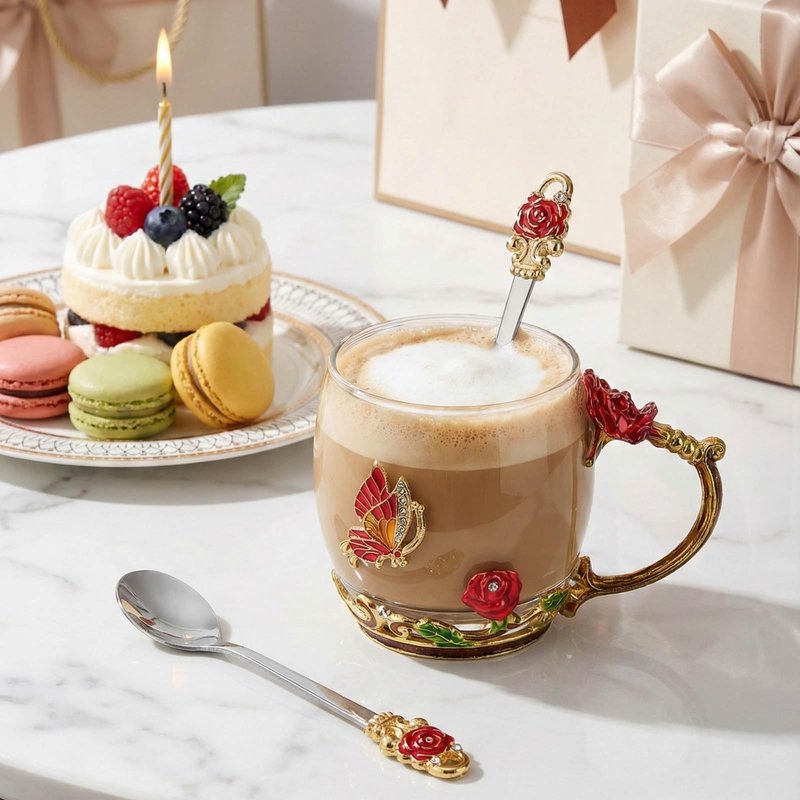 ColoVie Glass Tea Cups Set with Spoon, Coaster- 3D Red Flower Butterfly Coffee Mugs- Lead-Free Glass Coffee Cups- Best Birthday Gifts for Women, Mom- Enamels Mug- Mothers Day Gifts from Daughter
