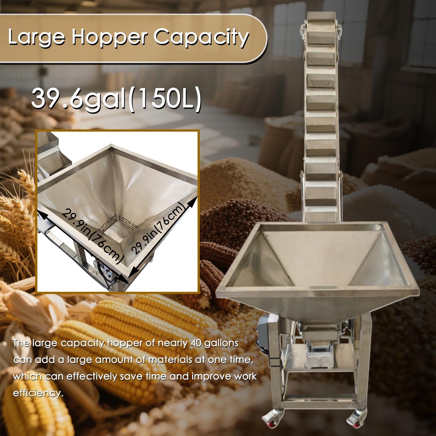 EQCOTWEA Electric Bucket Elevator Conveyor with Tilting Flip-Up Hopper Feeder 40gal Loading & Transfer Machine Stainless Steel Industrial Feeding System 220V/1PH