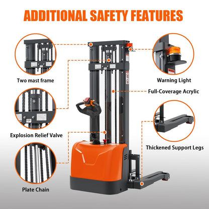 Tory Carrier Full Electric Walkie Stacker Material Lifts with Straddle Legs 98 inches Lifting Height with Adjustable Forks 3300lbs Capacity